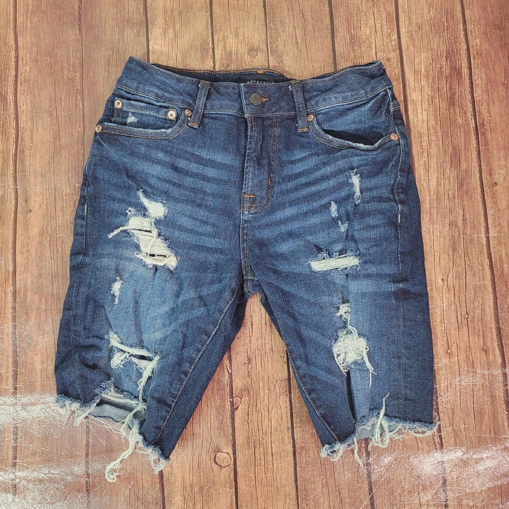 Aeropostale Womens Shorts Blue 27 Slim Cut-off Bermuda Raw‎ Hem Distressed
